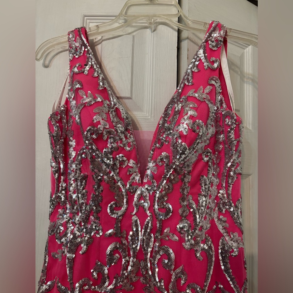 Jasz Elegant Hot Pink and Silver Sequined Embellished Prom Dress-Size 0